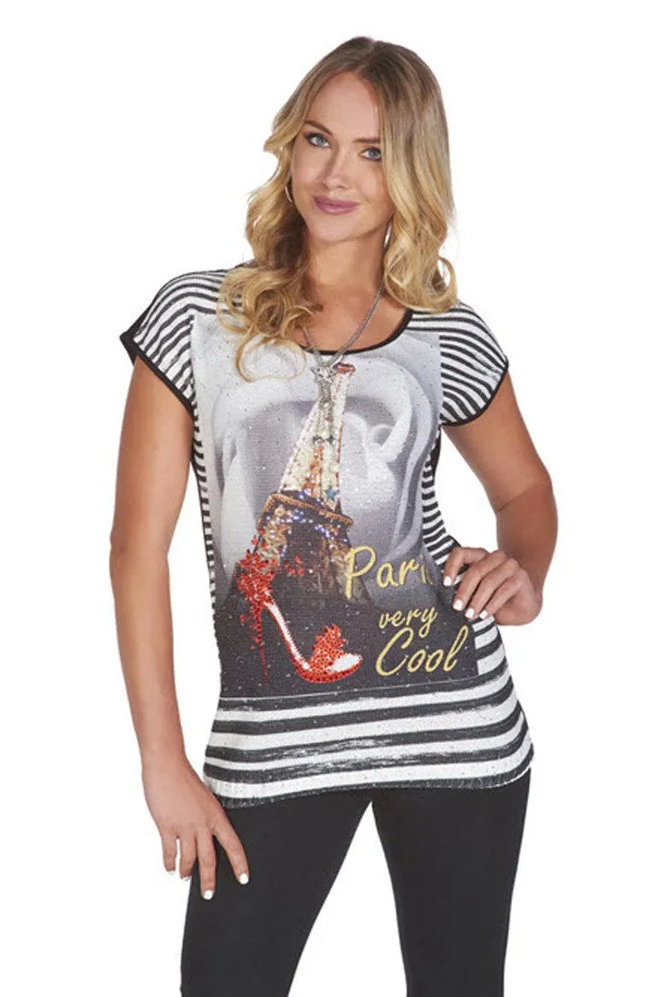 Tricotto - Paris Cool Short Sleeve Top Mini Sequins, Stripes & Rhinestone Accent