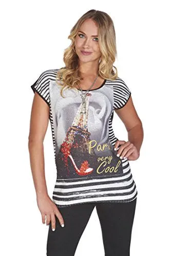 Tricotto - Paris Cool Short Sleeve Top Mini Sequins, Stripes & Rhinestone Accent