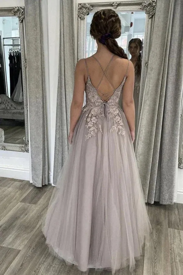 Tulle A-line Floor Length Prom Dresses With Lace Appliques, Evening Gown, SP859