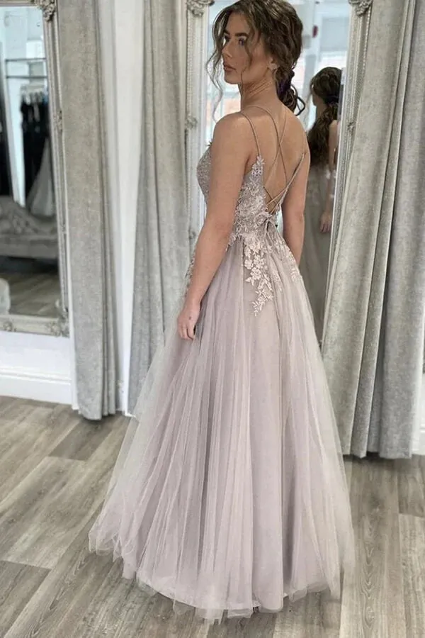 Tulle A-line Floor Length Prom Dresses With Lace Appliques, Evening Gown, SP859