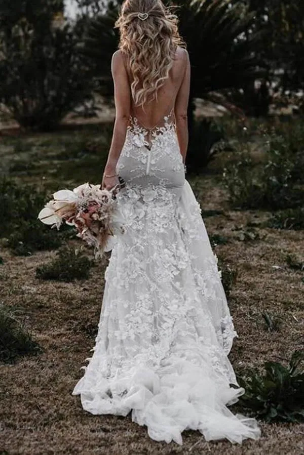 Tulle Lace Mermaid Backless Deep V-neck Wedding Dresses, Bridal Gown, SW426