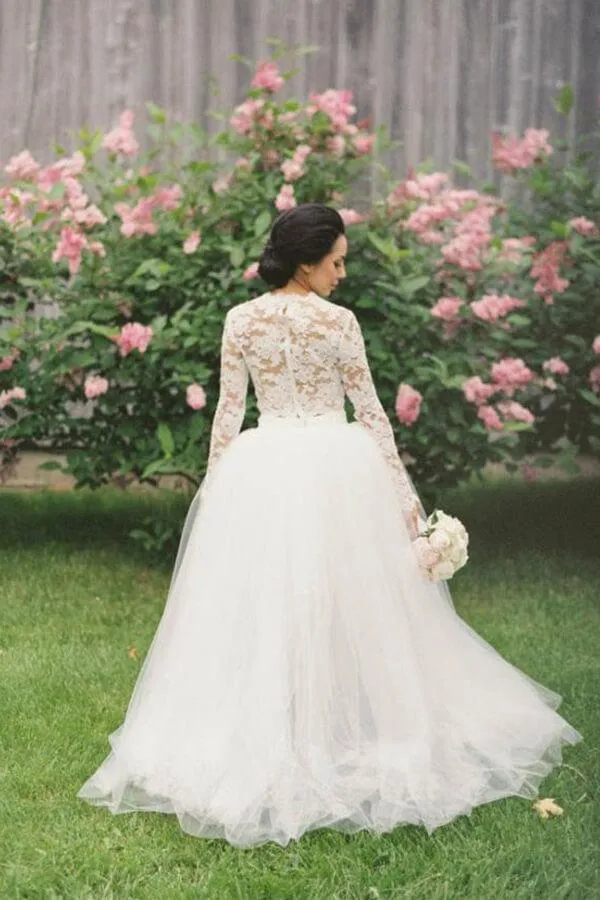 Two Pieces Long Sleeves Lace Top Tulle Skirt High Low Wedding Dresses, SW439