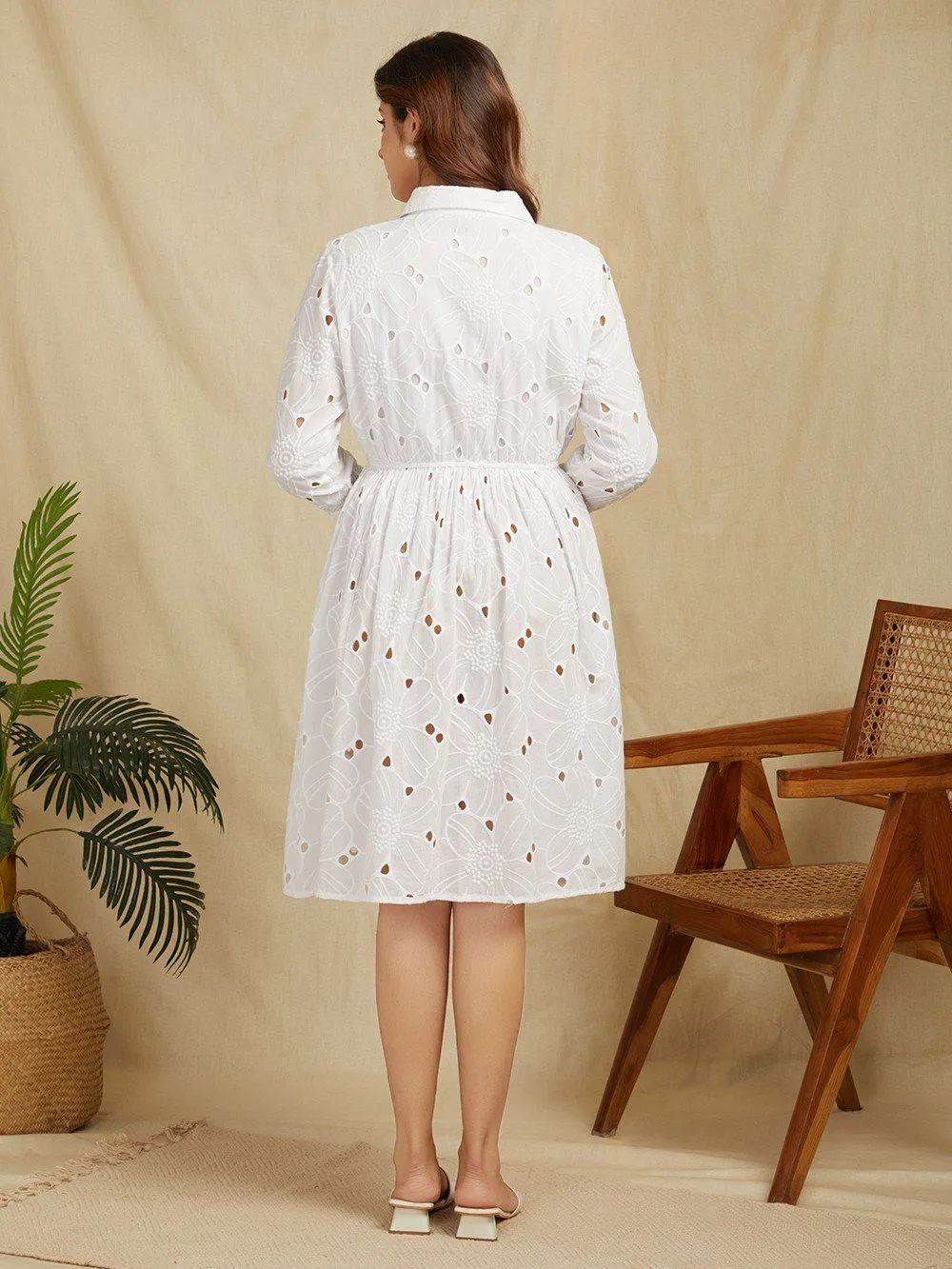 White 100% Cotton Embroidered Schiffli Shirt Dress