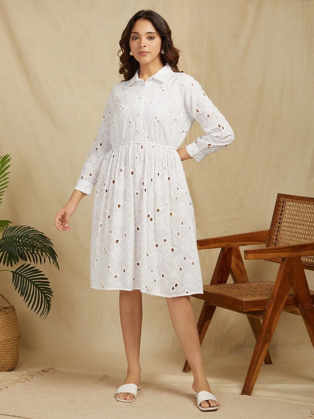 White 100% Cotton Embroidered Schiffli Shirt Dress