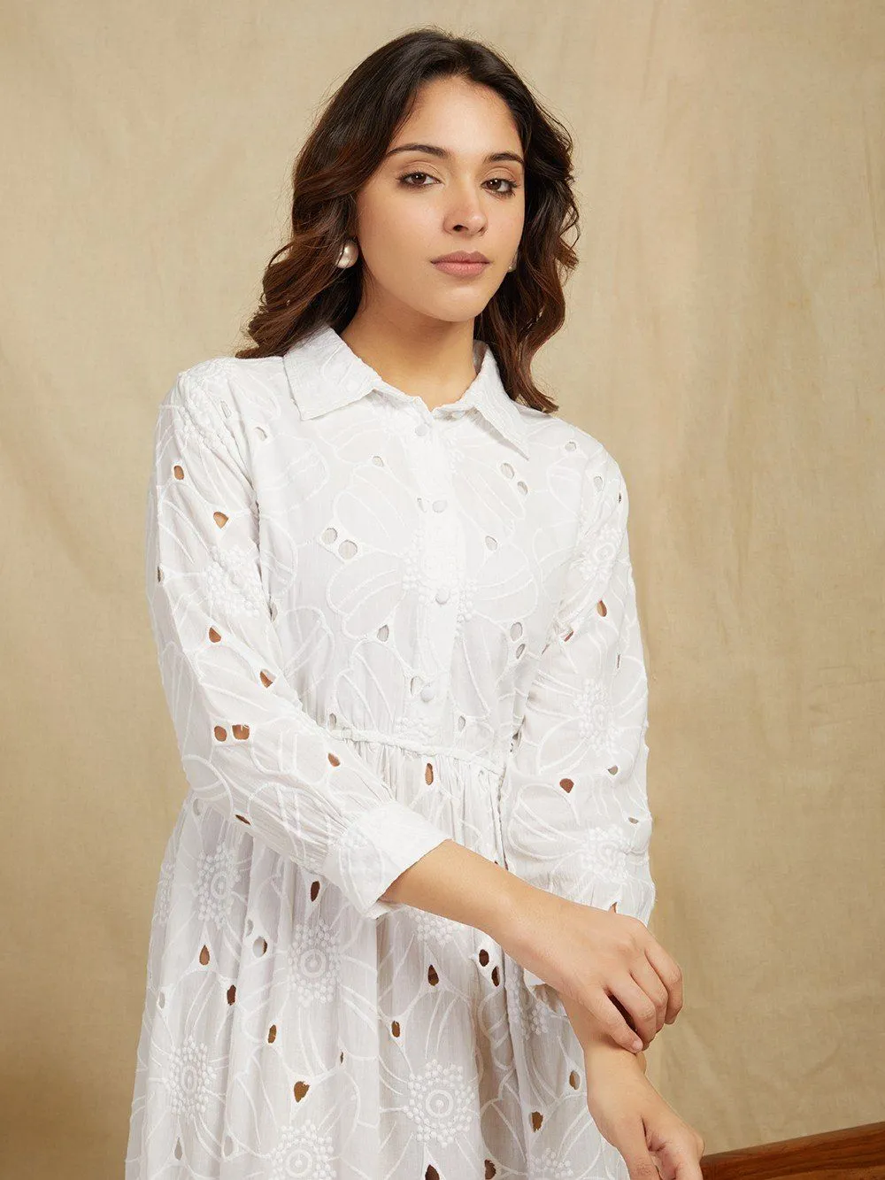 White 100% Cotton Embroidered Schiffli Shirt Dress