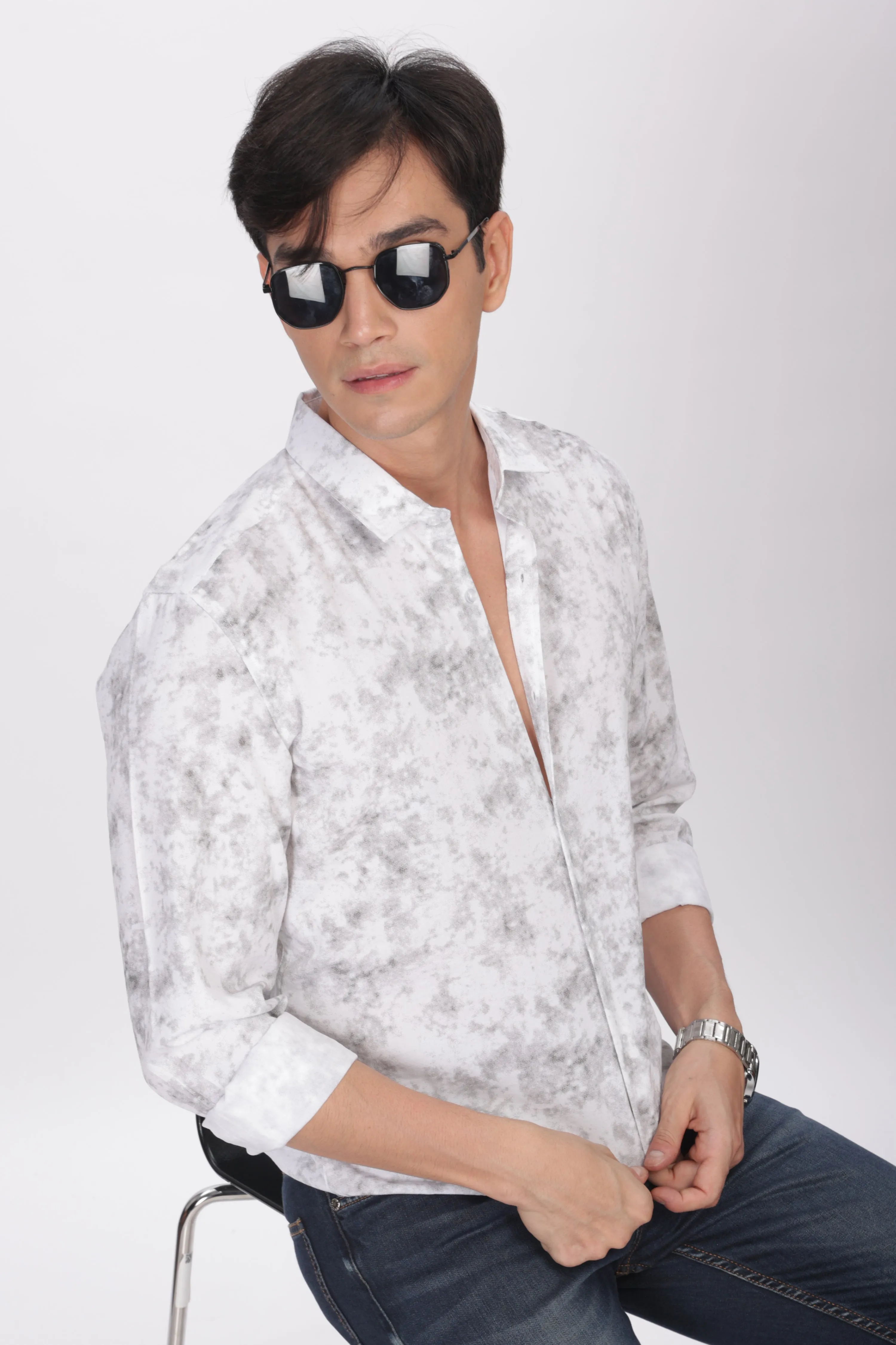 White Slim Fit Self Design Casual Shirt