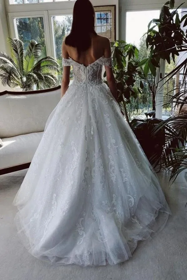 White Tulle A-line Off-the-Shoulder Beaded Lace Appliques Wedding Dresses, SW532