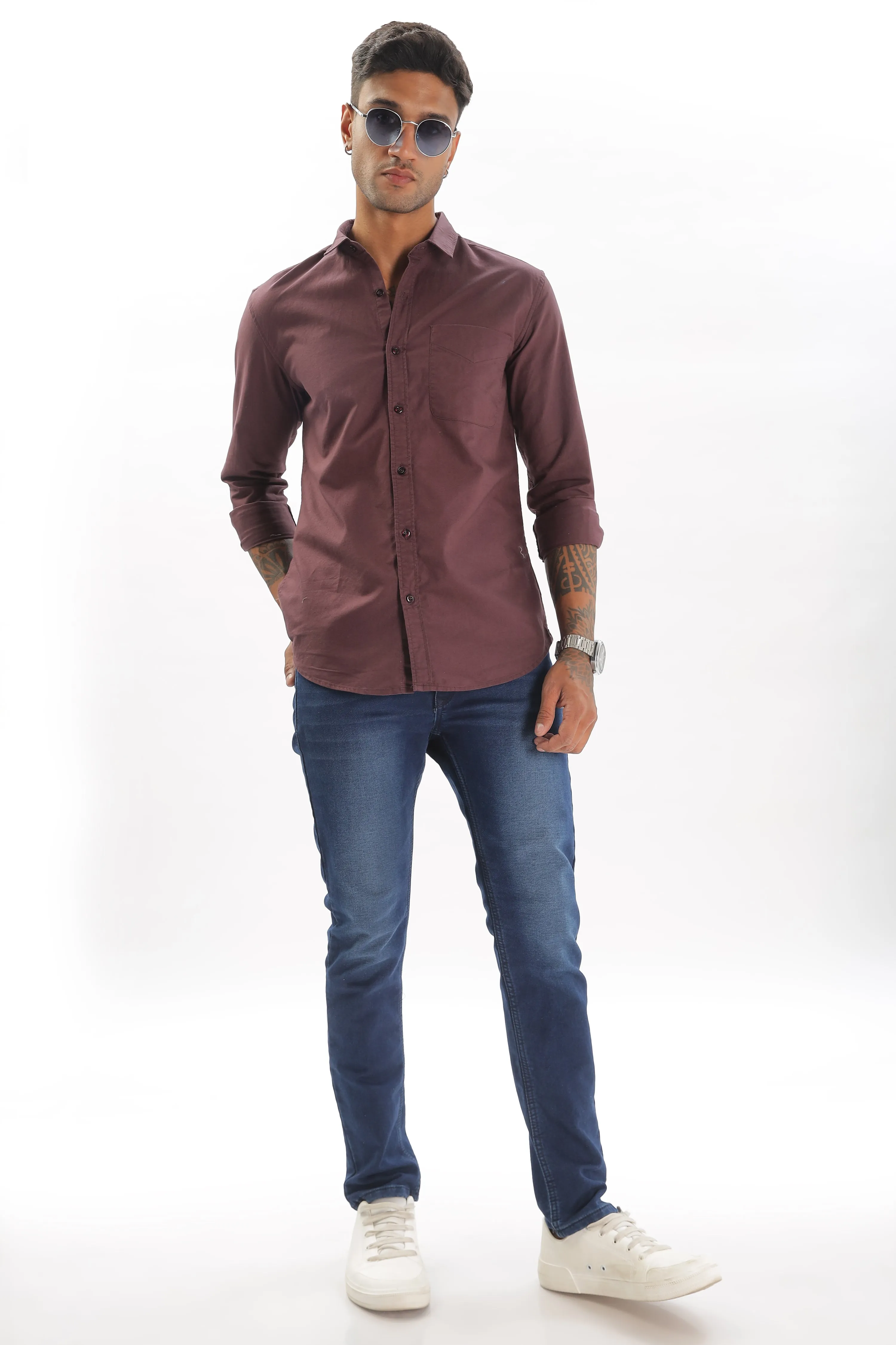 Wine Regular Fit Plain Full Sleeve Shirt