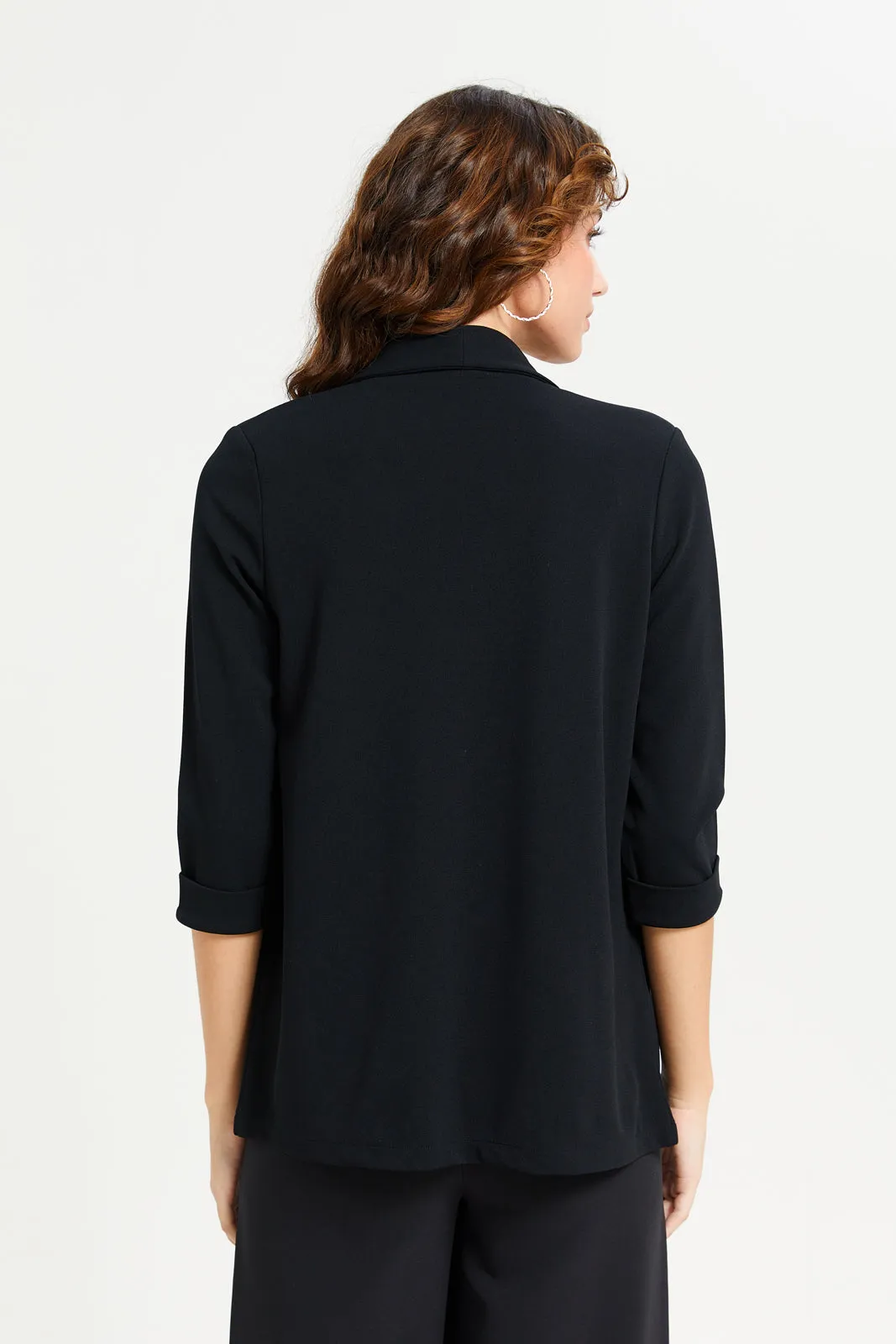 Women Black Rolled Sleeve Round Blazer