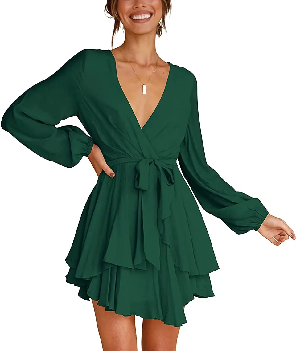 Women Casual Dress Long Sleeve Tie Waist Ruffle Swing Dress