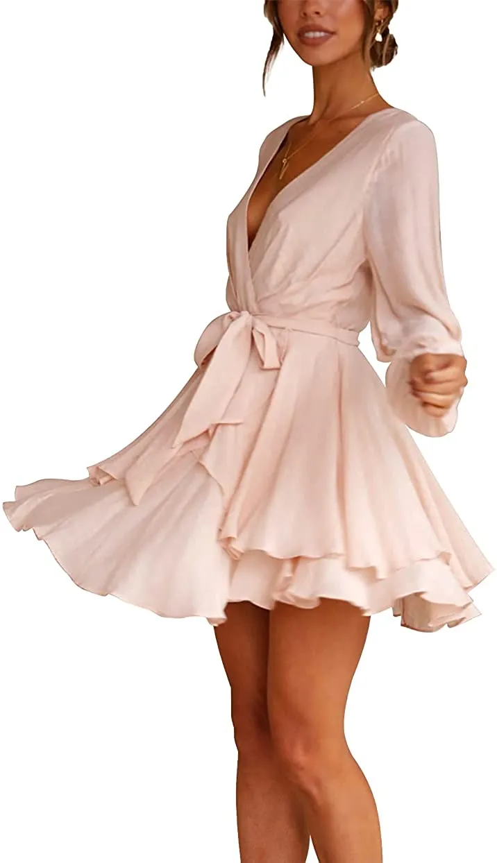 Women Casual Dress Long Sleeve Tie Waist Ruffle Swing Dress