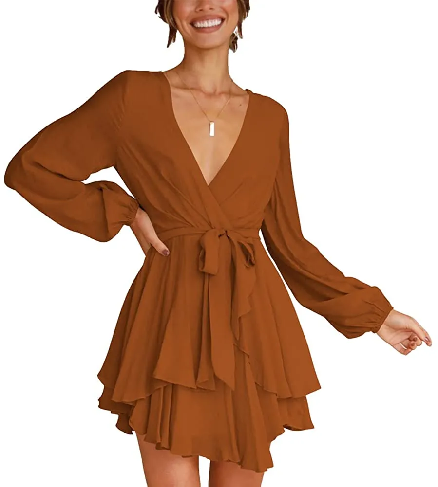 Women Casual Dress Long Sleeve Tie Waist Ruffle Swing Dress