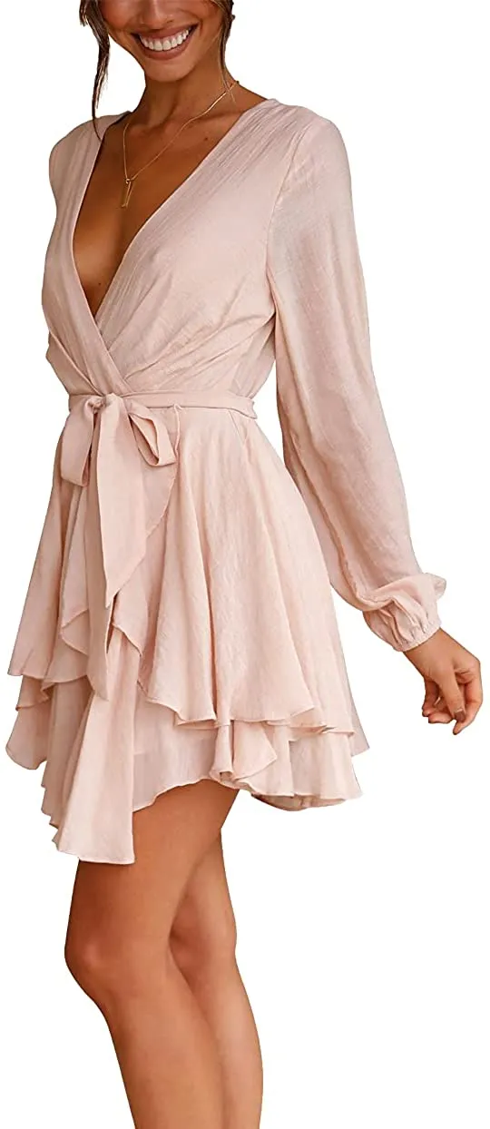 Women Casual Dress Long Sleeve Tie Waist Ruffle Swing Dress