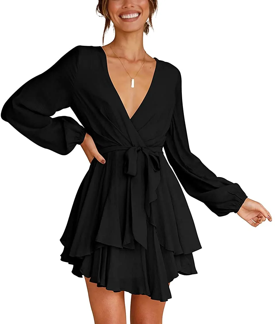 Women Casual Dress Long Sleeve Tie Waist Ruffle Swing Dress