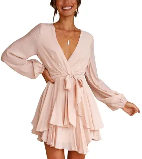 Women Casual Dress Long Sleeve Tie Waist Ruffle Swing Dress