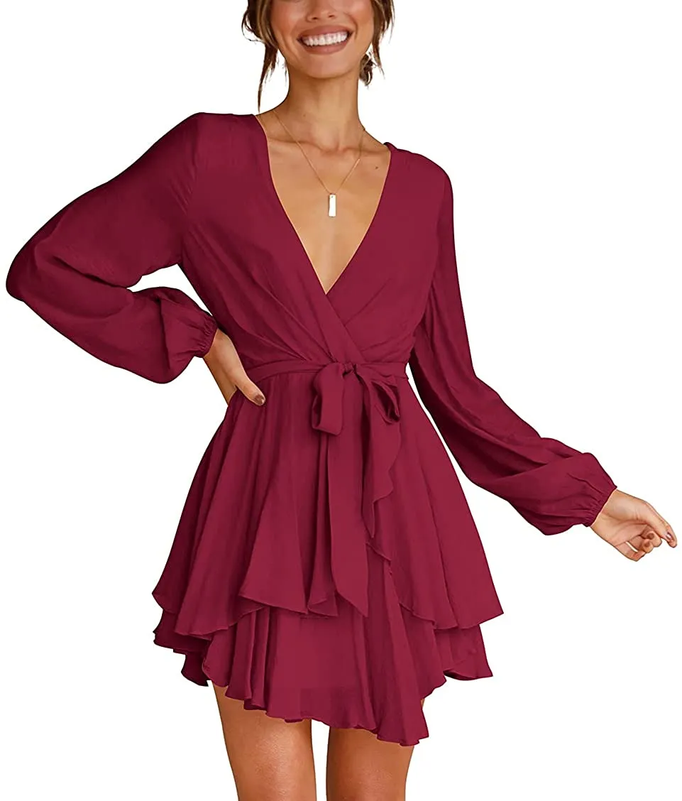 Women Casual Dress Long Sleeve Tie Waist Ruffle Swing Dress