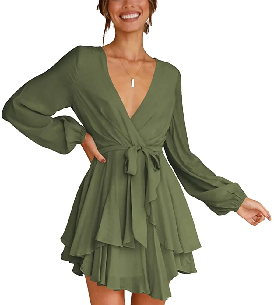 Women Casual Dress Long Sleeve Tie Waist Ruffle Swing Dress