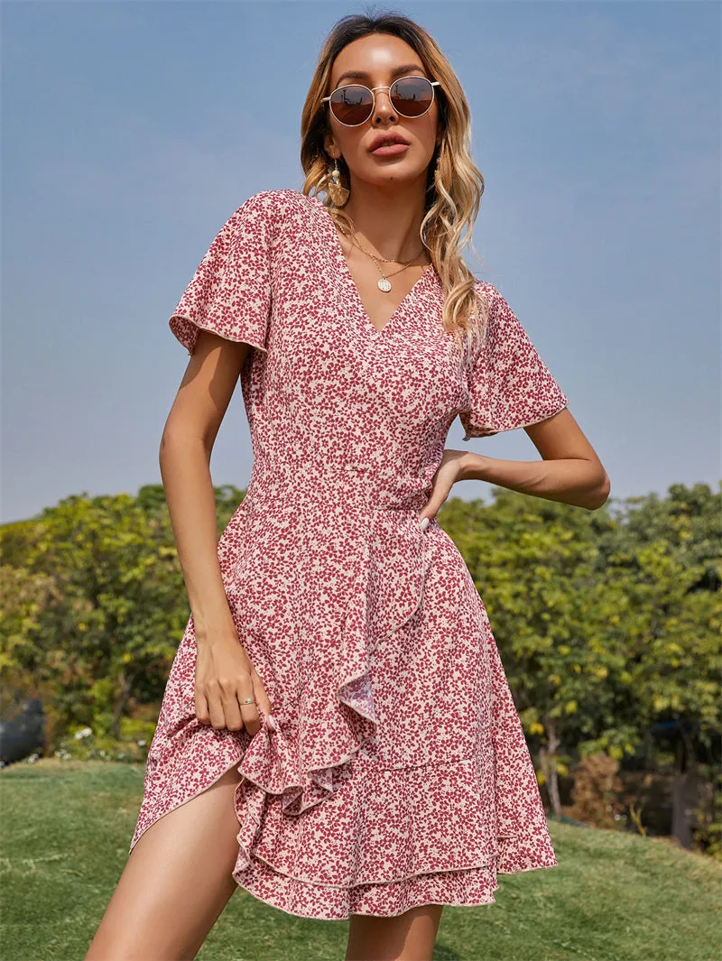 Women Floral Print Irregular Red Short Sleeve Dress 19107