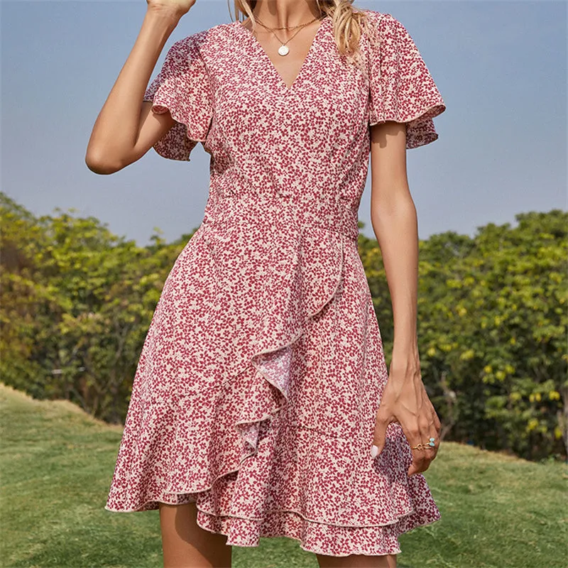 Women Floral Print Irregular Red Short Sleeve Dress 19107