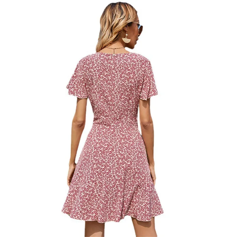 Women Floral Print Irregular Red Short Sleeve Dress 19107