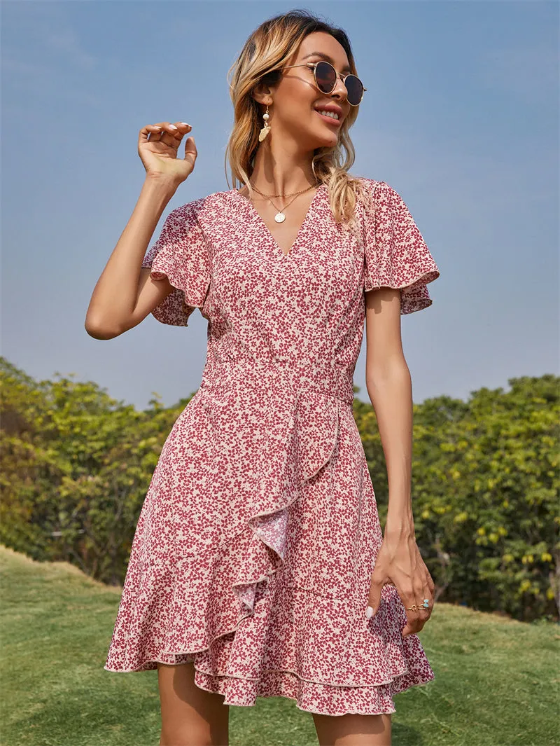 Women Floral Print Irregular Red Short Sleeve Dress 19107