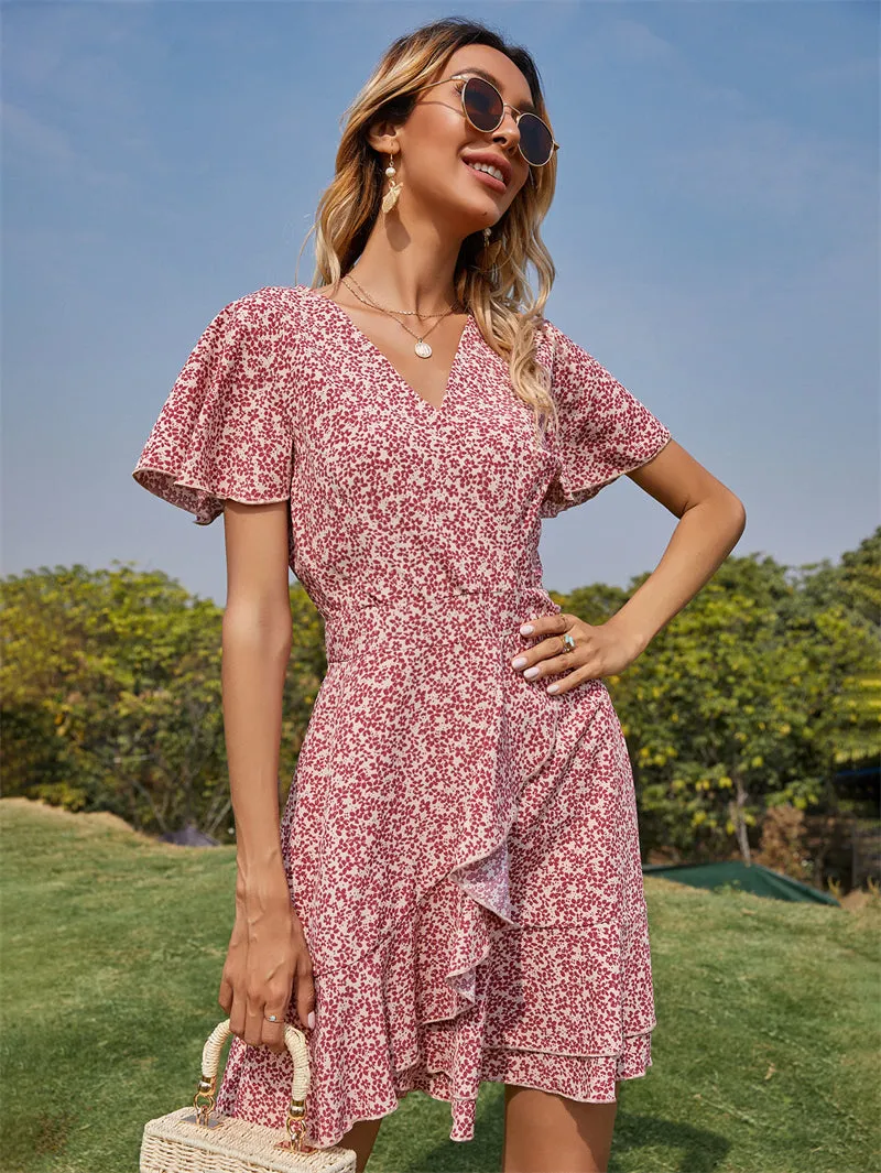 Women Floral Print Irregular Red Short Sleeve Dress 19107