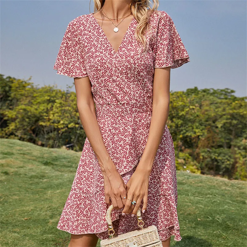 Women Floral Print Irregular Red Short Sleeve Dress 19107