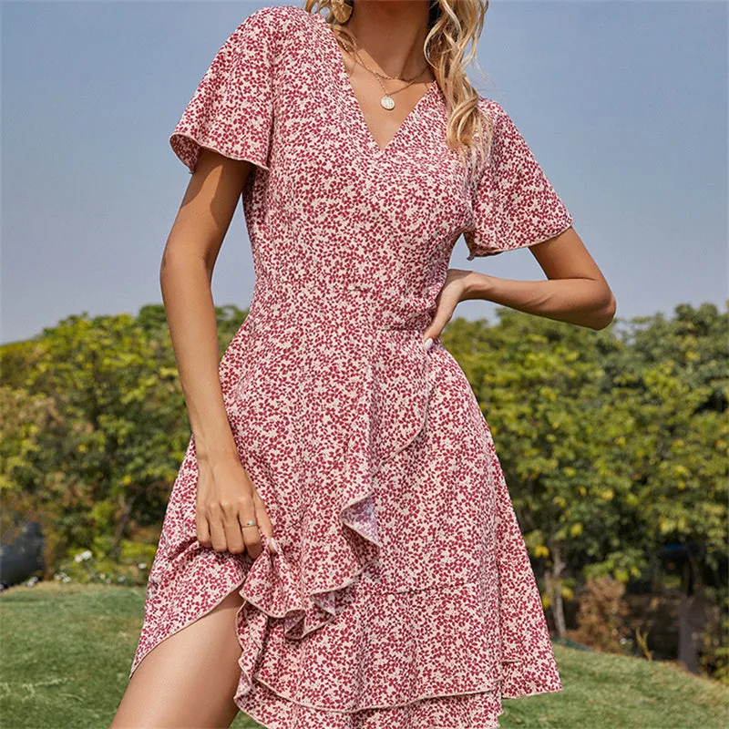 Women Floral Print Irregular Red Short Sleeve Dress 19107