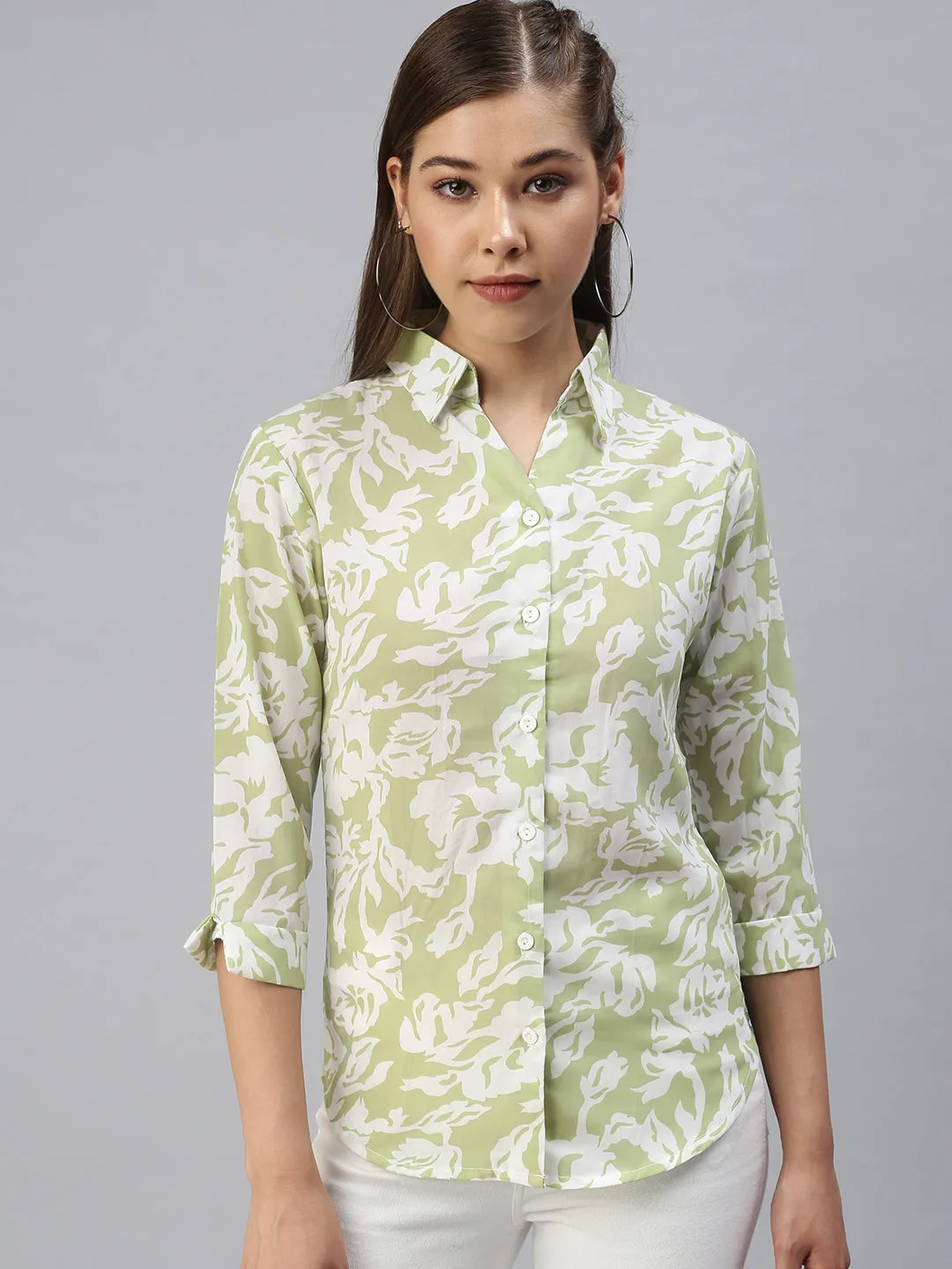 Women Spread Collar Printed Green Shirts