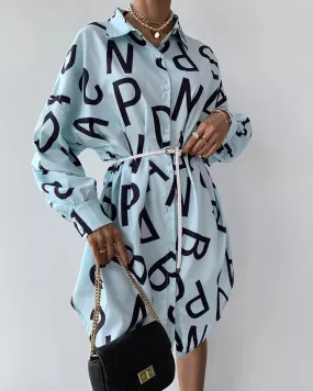 Women's Long Sleeve Letter Print Shirt Dress – Trendy Oversized