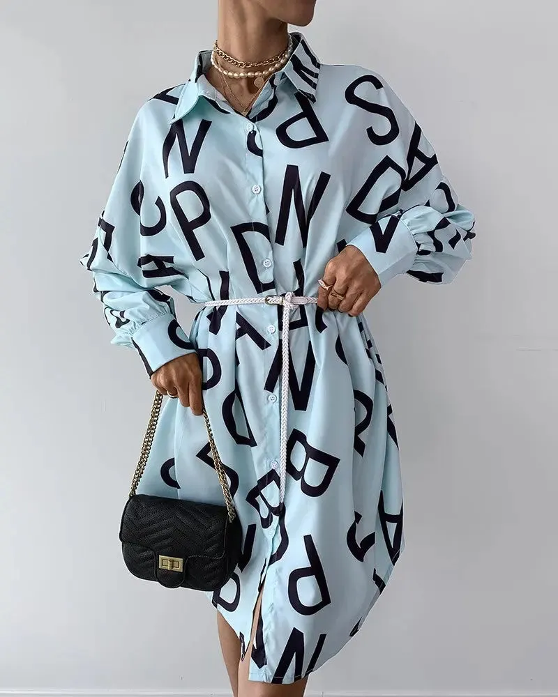 Women's Long Sleeve Letter Print Shirt Dress – Trendy Oversized