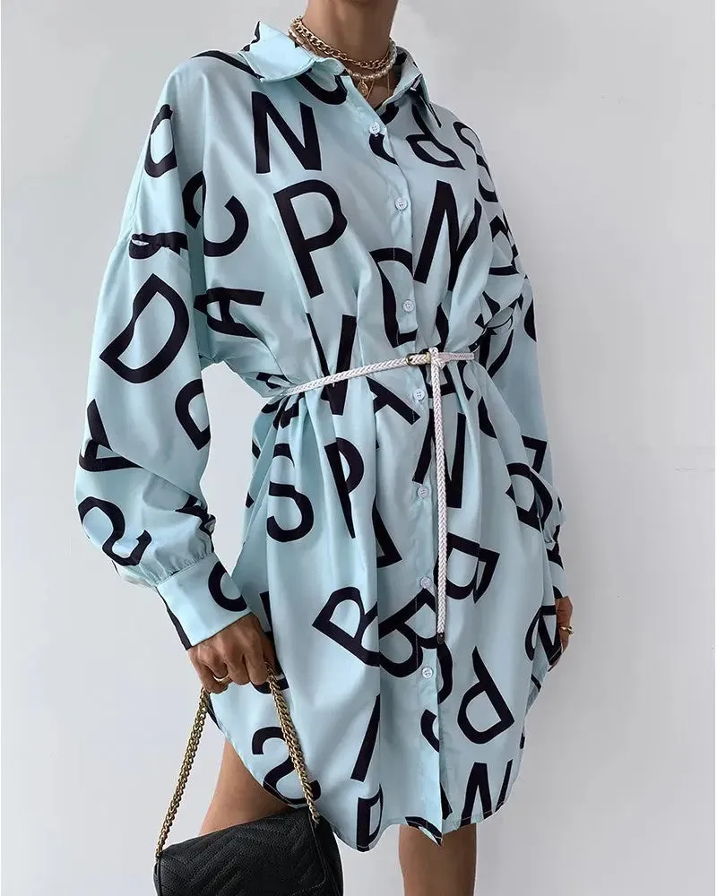 Women's Long Sleeve Letter Print Shirt Dress – Trendy Oversized