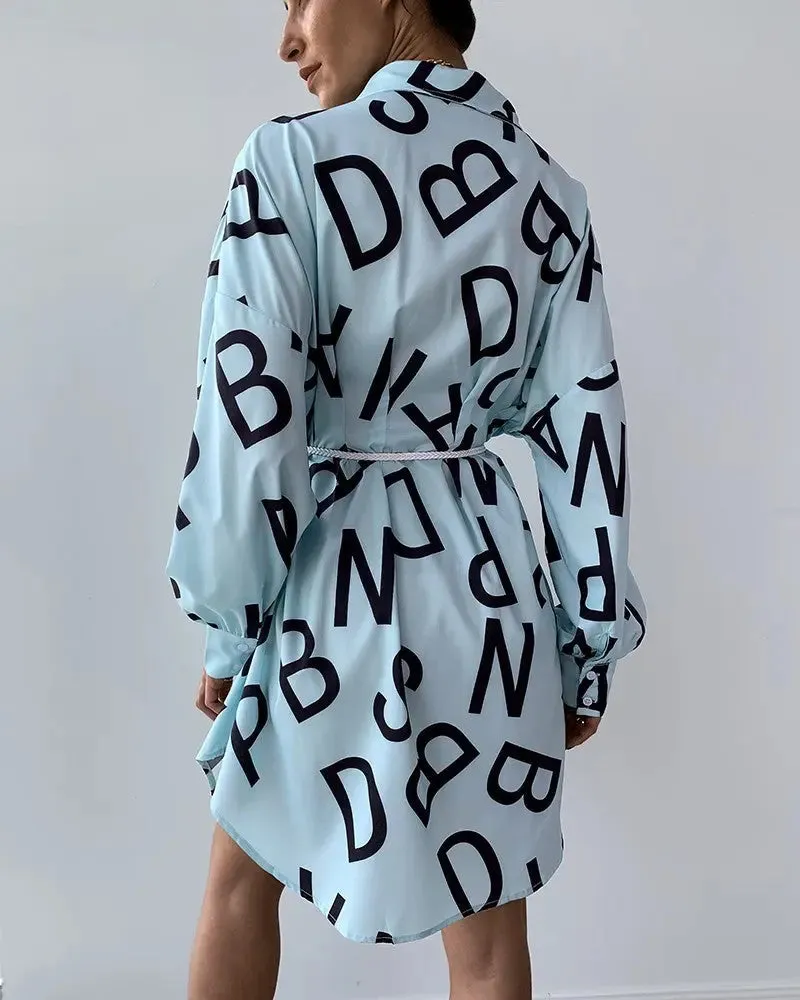 Women's Long Sleeve Letter Print Shirt Dress – Trendy Oversized